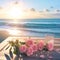 Table adorned with pink roses against scenic beach, evoking romance