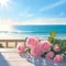 Table adorned with pink roses against scenic beach, evoking romance