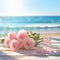 Table adorned with pink roses against scenic beach, evoking romance