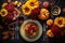 A table adorned with a vibrant plate of fresh fruit and a colorful arrangement of flowers, Flat-lay of Autumn dinner for gathering