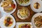 Table with assorted dishes of Spanish food