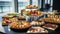 A table of assorted gourmet hors d\\\'oeuvres set in a boardroom, ready for an executive networking event