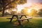 Table bench at sunset park scene. Generate Ai