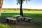 A table and benches in a beautiful place in the nature