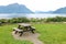 Table and benches for picnic on fjord shore