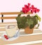 A table in a cafe with a flower cyclamen in a pot and a cup of coffee with candy. Vector illustration for greeting cards and