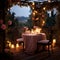 A table with candles and flowers on a deck