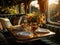 A table, chair and dining set inside a train in the style of romanticized views, natural light through windows