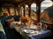 A table, chair and dining set inside a train in the style of romanticized views, natural light through windows