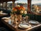 A table, chair and dining set inside a train in the style of romanticized views, natural light through windows