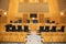 Table and chair in modern courtroom in the court of justice with the desk of the