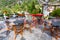 Table and chairs at greek traditional cafe