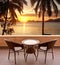 Table and chairs on a terrace, view on a tropical beach