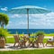 Table, Chairs and Umbrella in Garden With Sea Ocean View, Lots of Flowers, Summer Picnic Vacation Concept, Generative AI