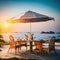 Table, Chairs and Umbrella in Garden With Sea Ocean View, Lots of Flowers, Summer Picnic Vacation Concept, Generative AI