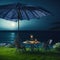 Table, Chairs and Umbrella in Garden With Sea Ocean View, Lots of Flowers, Summer Picnic Vacation Concept, Generative AI