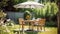 Table, chairs and umbrella outdoors in garden. Summer spring picnic concept