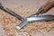 Table with chisel blades and shavings of wood sawdust work of an artisan carpenter