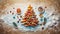 a table covered in a blanket of flour, resembling a snowy landscape, Illustrate an attractive Christmas tree