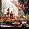 Table decorated with cherry blossoms, food, vegetables, fruits. Chinese New Year celebrations