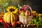 The table, decorated with vegetables and fruits. Harvest Festival. Happy Thanksgiving. Autumn background. Selective