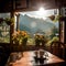 A table with elegantly arranged dishes against a background of mountain ranges visible outside the window