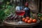 On a table in the field, some tomatoes and a glass of liquor.