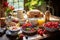 A table is filled with assorted bowls of fresh fruits and loaves of bread, Rich and delectable breakfast spread on a table