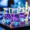 Table filled with beakers of vibrant purple liquids