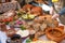 Table filled with starters, appetizers and snacks, food for a feast celebration