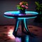 Table and flower in pot. 3D rendering. Neon light. Generative AI