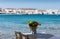 Table and flowers in front of the town of Mykonos