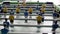 Table football game with yellow and blue players
