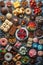 table full of different kinds of sweets, view from above table with food : chocolate, muffins, brioches, meringues, pralines,