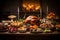 Table full of food, roast Turkey, candles, Thanksgiving feast. Turkey as the main dish of thanksgiving for the harvest