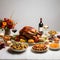 Table full of food with turkey, wine, sweets, flowers, candles. Turkey as the main dish of thanksgiving for the harvest, picture