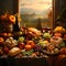 A table full of food, vegetable fruits and roast turkey. Turkey as the main dish of thanksgiving for the harvest