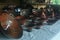 A table full of home made ceramic bowls, a typical design of the mockawas in the amazon of Ecuador