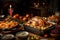 a table full of thanksgiving dishes and dinner trays, including a turkey