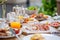 Table full of various fresh food in luxury modern restaurant