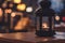 table lantern evening magic atmosphere concept picture with dark phantom blue outdoor background view with street lamps unfocused