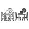 Table with laptop and chairs with clock line and solid icon, Coworking concept, Office workplace sign on white