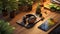 Table with large headphones and houseplants.