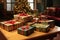 a table with large, wrapped gifts in festive paper