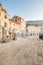 Table near the restaurants at Dubrovnik old town square. Summer morning after sunrise. Ancient town in Croatia