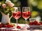 on the table a pair of glasses with strawberry infusion and a vase with roses