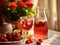 on the table a pair of glasses with strawberry infusion and a vase with roses