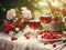 on the table a pair of glasses with strawberry infusion and a vase with roses