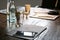 Table with phone and documents prepared for business meeting in conference hall