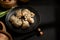 The table with plat and bamboo steamer of Dimsum dumplings and copy space